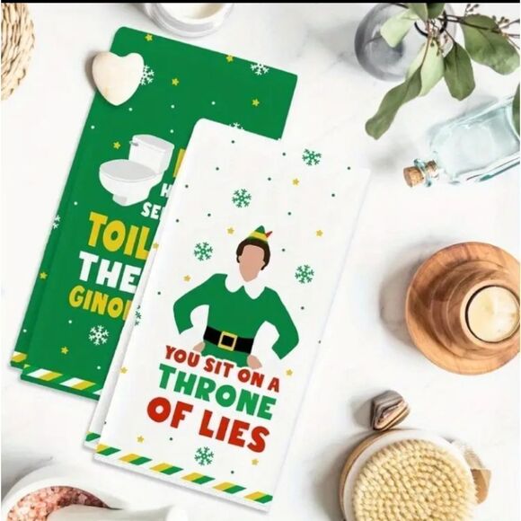 Elf Christmas KITCHEN TOWELS SET OF 2 - Picture 1 of 5